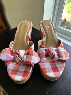 J.Crew pink and orange textile slip on heels size 8